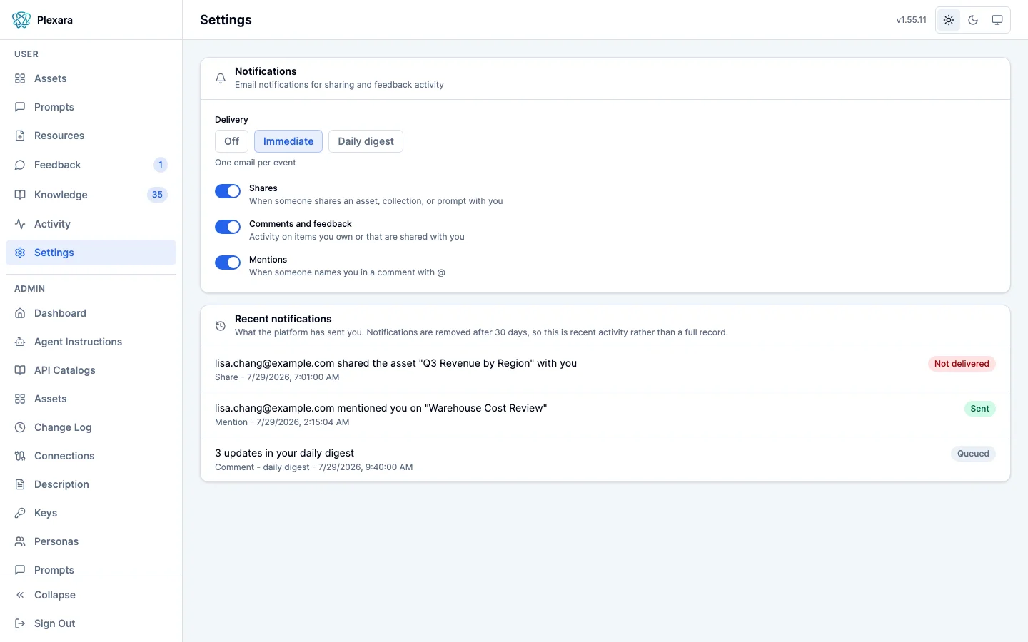 Settings page with notification delivery modes, per-category toggles, and a recent notifications list with delivery status