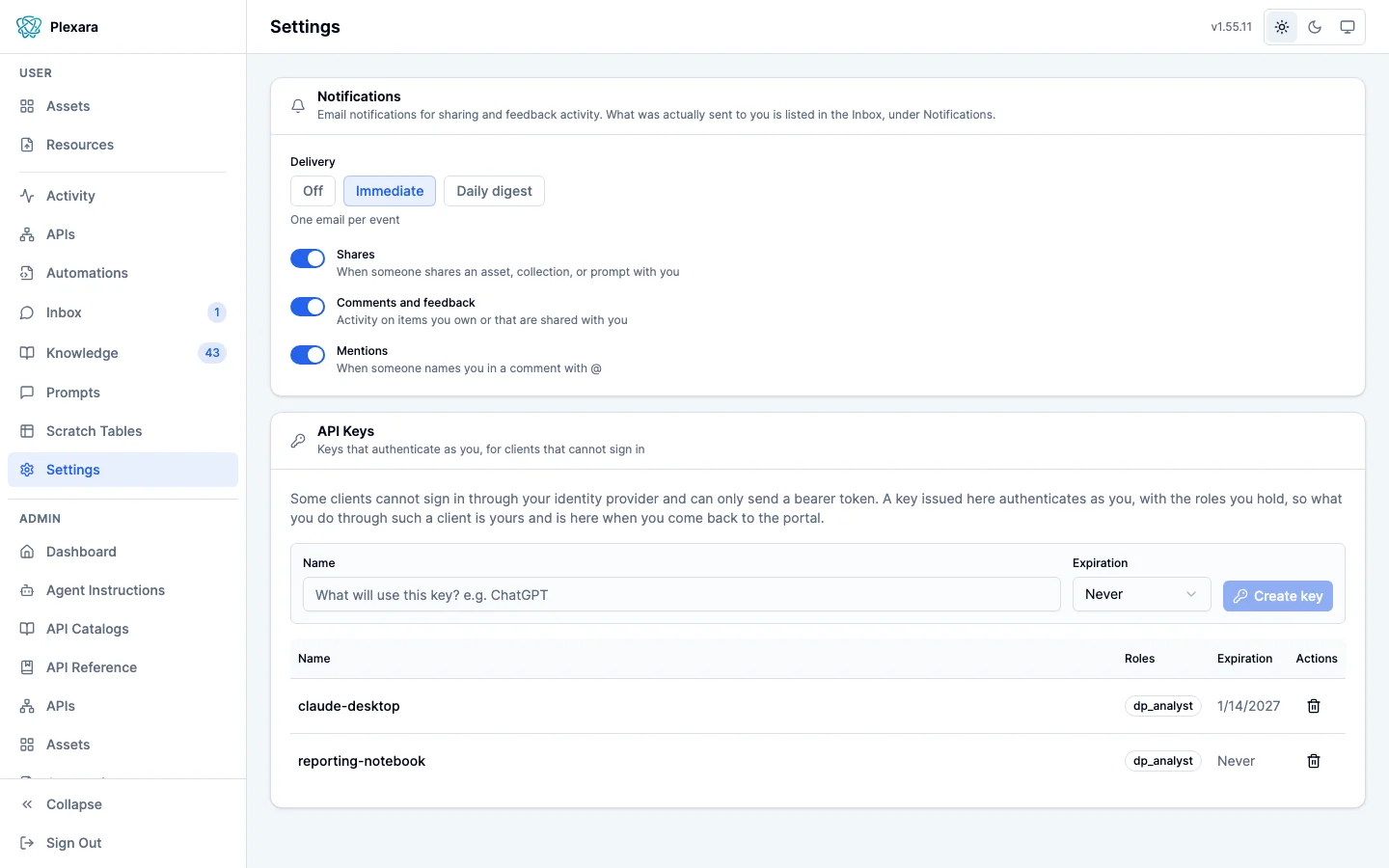 Settings page with notification delivery set to Immediate, toggles for shares, comments and feedback, and mentions, a note that sent notifications are listed in Inbox, and an API Keys section for issuing a key