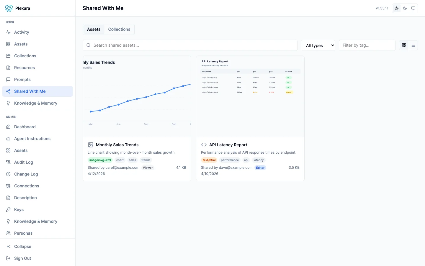 Shared assets view showing items shared by team members with permission badges